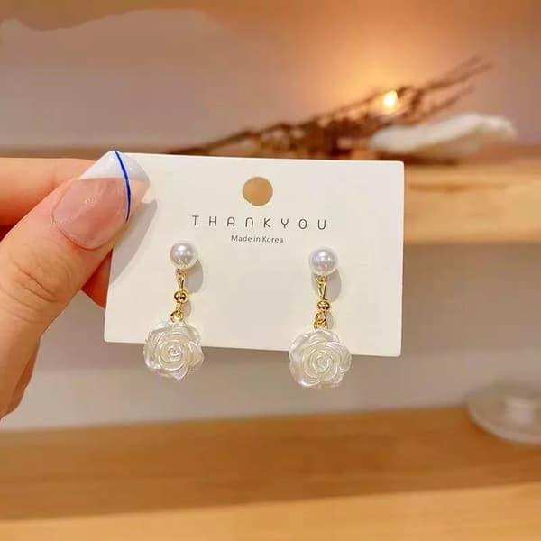 Women White Camellia Pearl Gold Dangle Drop Stud Earrings Jewellery Love Gift UK