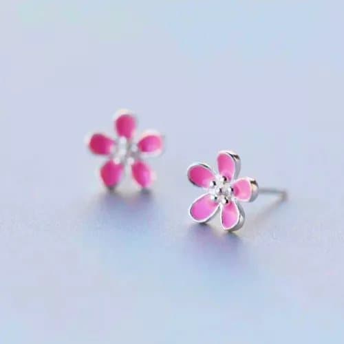 Pink Cherry Flower Earrings Stud 925 Sterling Silver Women Girls Jewellery gift