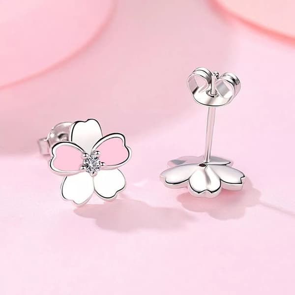 Beatutiful Pink Flower Shaped Stud Earrings 925 Sterling Silver Womens Jewellery