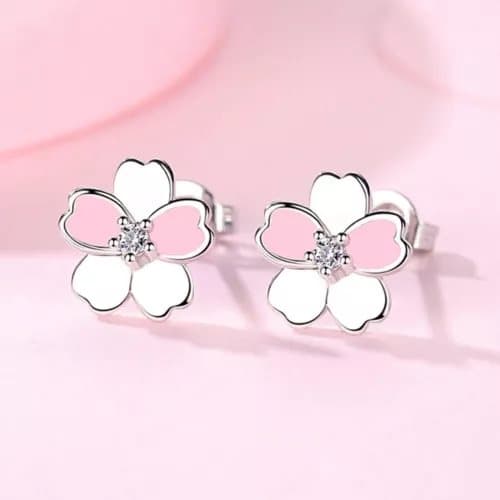 Beatutiful Pink Flower Shaped Stud Earrings 925 Sterling Silver Womens Jewellery