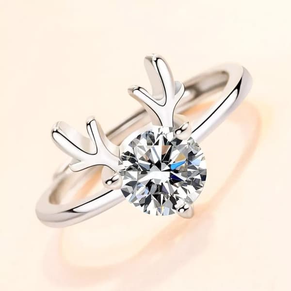 Christmas Elk Crystal Adjustable Ring 925 Sterling Silver Jewellery Women Gift