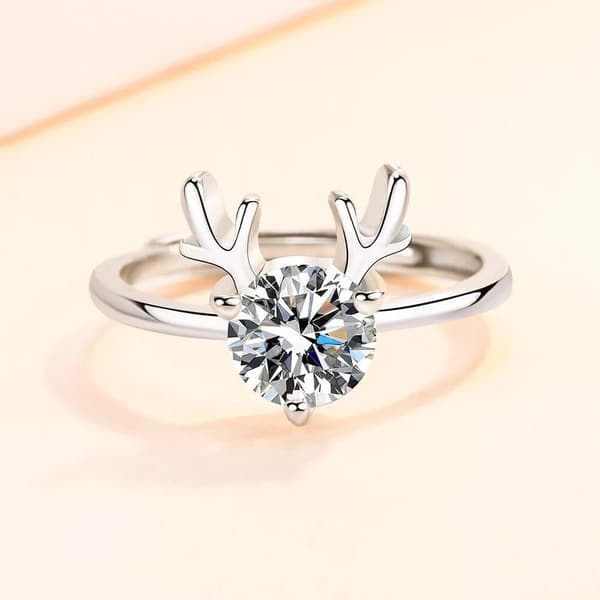 Christmas Elk Crystal Adjustable Ring 925 Sterling Silver Jewellery Women Gift