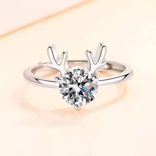 Christmas Elk Crystal Adjustable Ring 925 Sterling Silver Jewellery Women Gift
