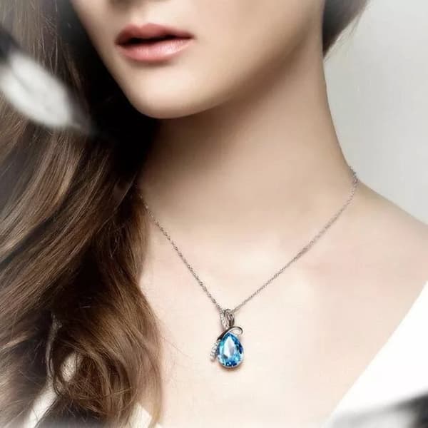 Womens 925 Sterling Silver Crystal Angel Water Drop Pendant Necklace Jewellery