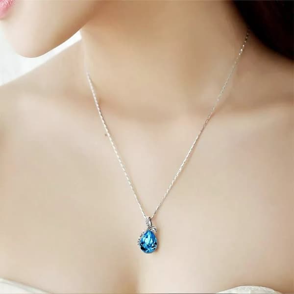 Womens 925 Sterling Silver Crystal Angel Water Drop Pendant Necklace Jewellery