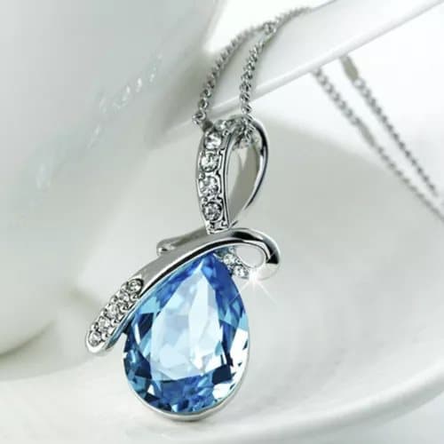 Womens 925 Sterling Silver Crystal Angel Water Drop Pendant Necklace Jewellery