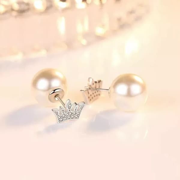 Crystal Crown Pearl Stud Earrings 925 Sterling Silver Womens Girls Jewellery Gif