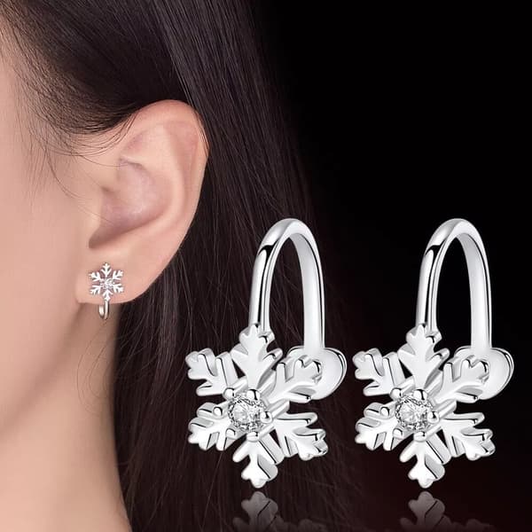Lovely Crystal Snowflake Ear Clip Cuff Earrings 925 Sterling Silver Christmas