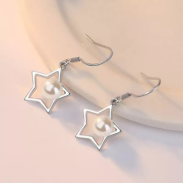 Women Girls Pearl Star Drop Hook Earrings 925 Sterling Silver Jewellery Gift