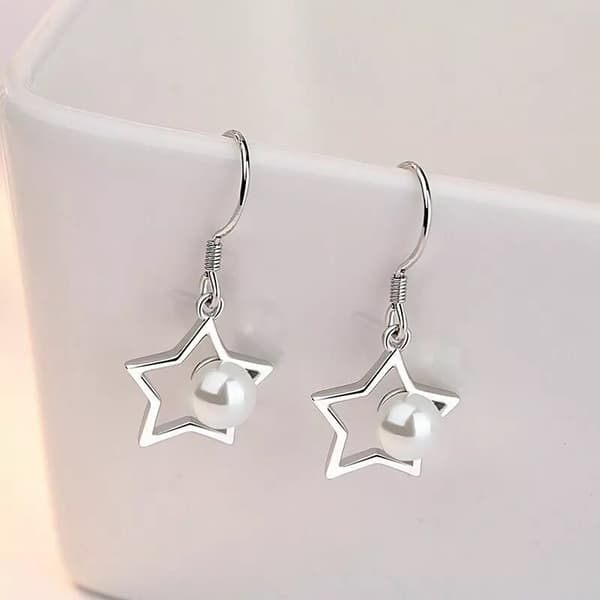 Women Girls Pearl Star Drop Hook Earrings 925 Sterling Silver Jewellery Gift