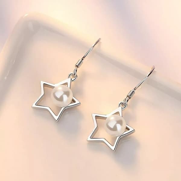 Women Girls Pearl Star Drop Hook Earrings 925 Sterling Silver Jewellery Gift