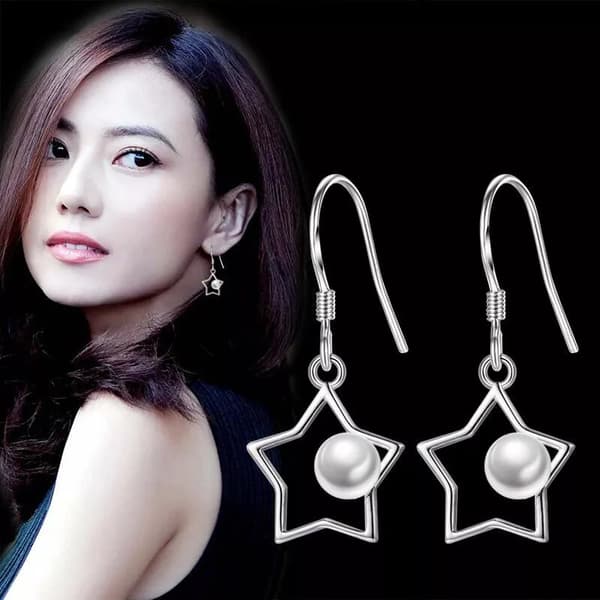 Women Girls Pearl Star Drop Hook Earrings 925 Sterling Silver Jewellery Gift