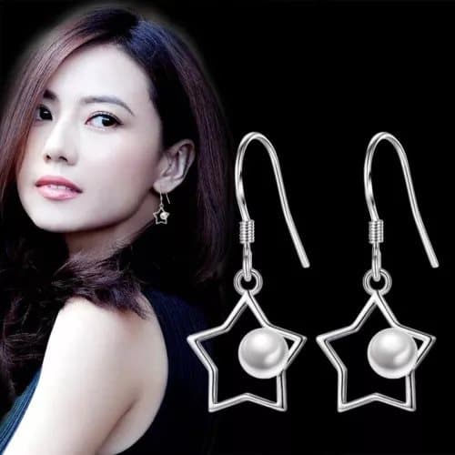 Women Girls Pearl Star Drop Hook Earrings 925 Sterling Silver Jewellery Gift