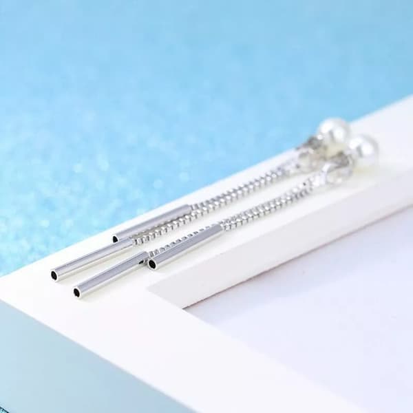 925 Sterling Silver Long Chain Pearl Dangle Tassel Drop Earrings Women Jewellery