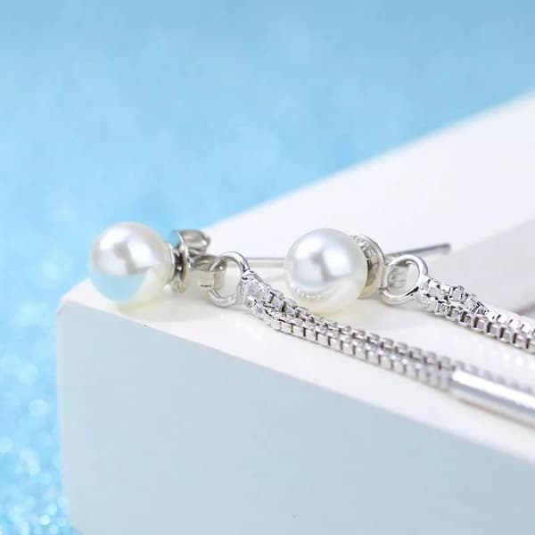 925 Sterling Silver Long Chain Pearl Dangle Tassel Drop Earrings Women Jewellery