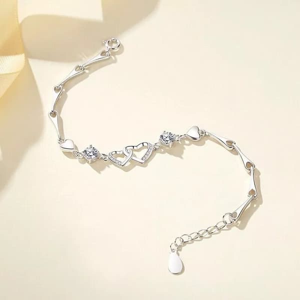 925 Sterling Silver Crystal Double Heart Linked Charm Bracelet Women Jewellery