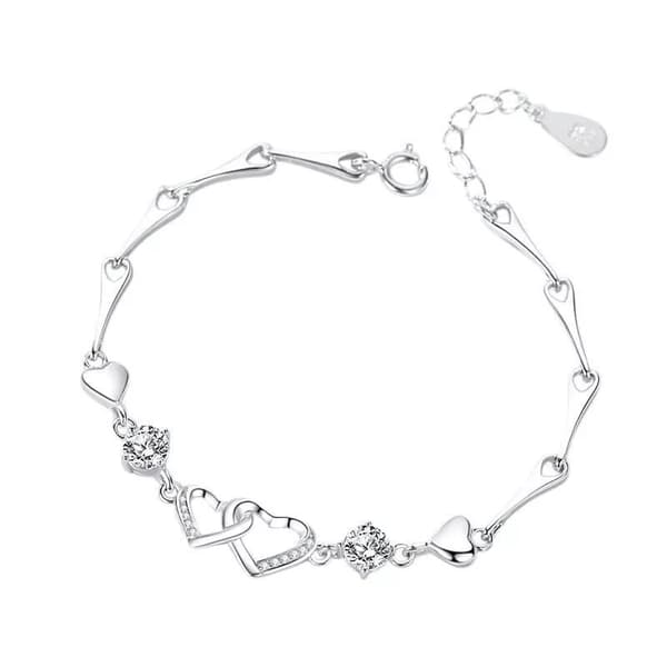 925 Sterling Silver Crystal Double Heart Linked Charm Bracelet Women Jewellery