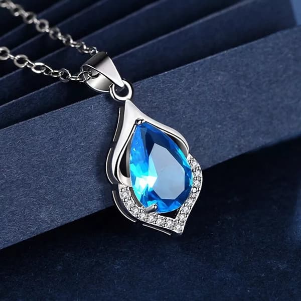 Crystal Blue Water Drop Pendant Chain Necklace 925 Sterling Silver Jewellery UK