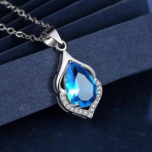 Crystal Blue Water Drop Pendant Chain Necklace 925 Sterling Silver Jewellery UK