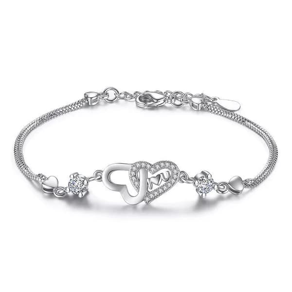 925 Sterling Silver Crystal Double Heart Linked Charm Bracelet Women Jewellery