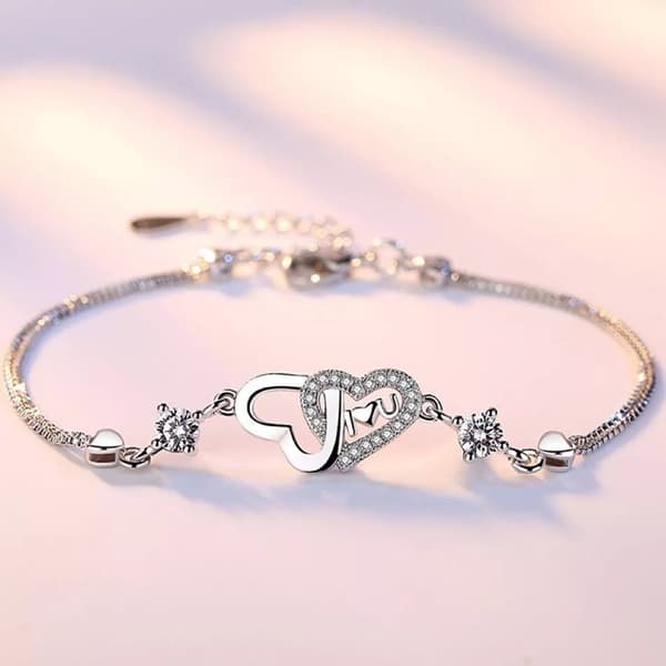925 Sterling Silver Crystal Double Heart Linked Charm Bracelet Women Jewellery