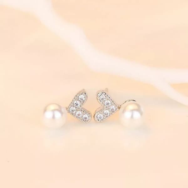Women 925 Sterling Silver Cute Crystal Heart Pearl Stud Earrings Jewellery Gift
