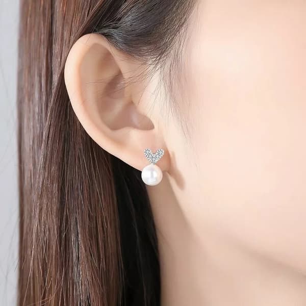 Women 925 Sterling Silver Cute Crystal Heart Pearl Stud Earrings Jewellery Gift
