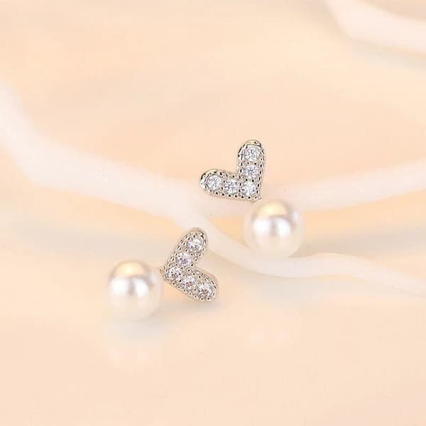 Women 925 Sterling Silver Cute Crystal Heart Pearl Stud Earrings Jewellery Gift