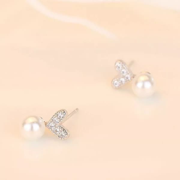 Women 925 Sterling Silver Cute Crystal Heart Pearl Stud Earrings Jewellery Gift