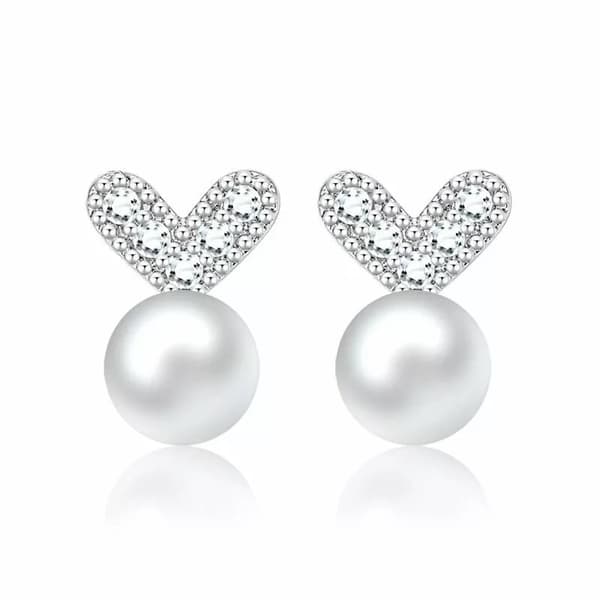 Women 925 Sterling Silver Cute Crystal Heart Pearl Stud Earrings Jewellery Gift