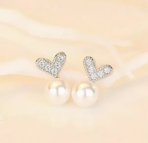 Women 925 Sterling Silver Cute Crystal Heart Pearl Stud Earrings Jewellery Gift