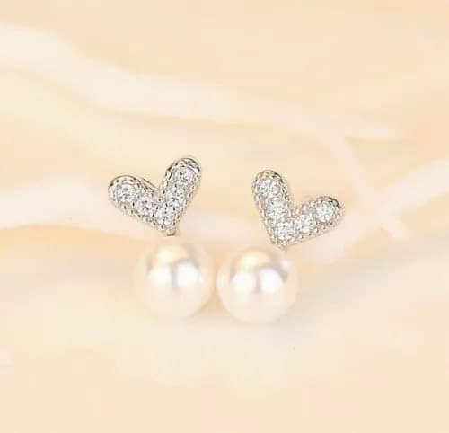 Women 925 Sterling Silver Cute Crystal Heart Pearl Stud Earrings Jewellery Gift