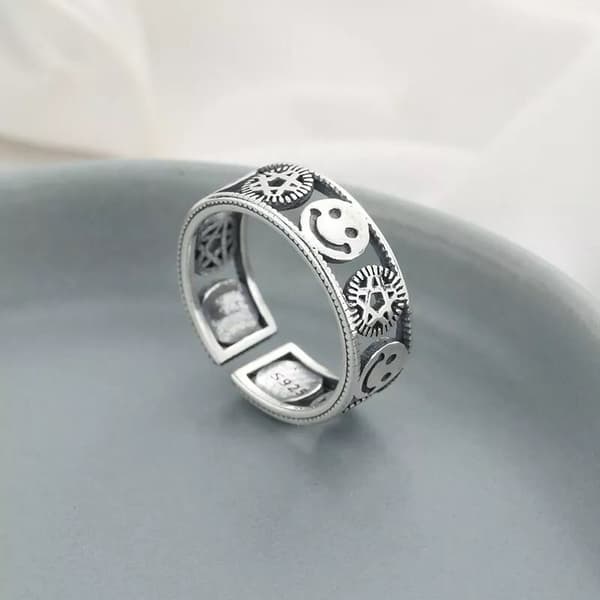 Vintage Smiley Face Star Adjustable Ring 925 Sterling Silver Women Jewellery UK