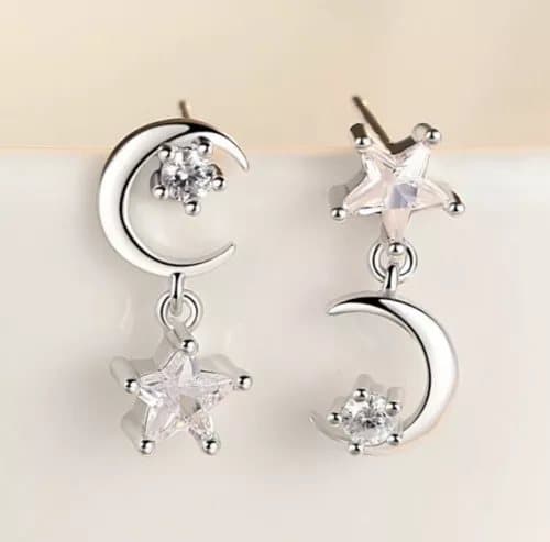 Womens Girls 925 Sterling Silver Moon Star Drop Stud Earrings Valentine’s Gift