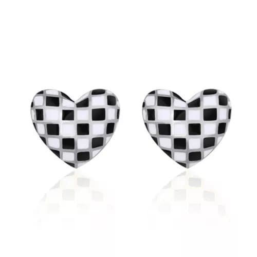 Checkerboard Heart Fashion Stud Earrings 925 Sterling Silver Women Jewellery UK