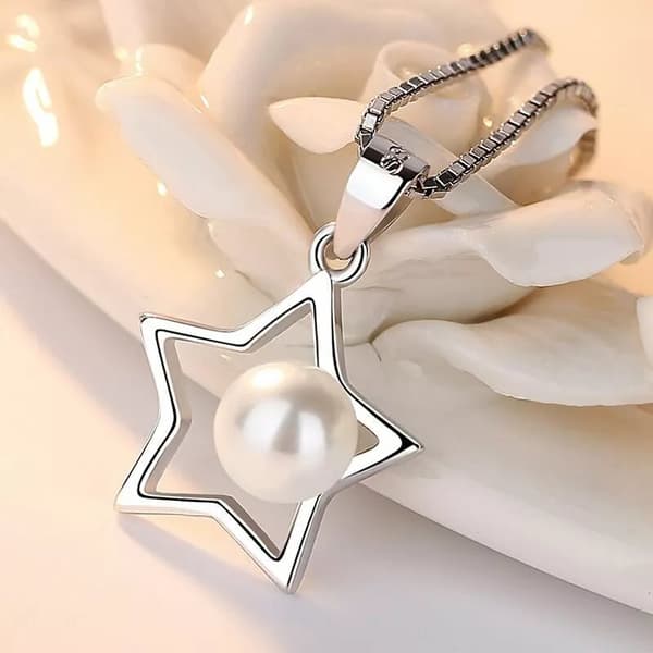Women Girls Pearl Star Pendant Chain Necklace 925 Sterling Silver Jewellery Gift