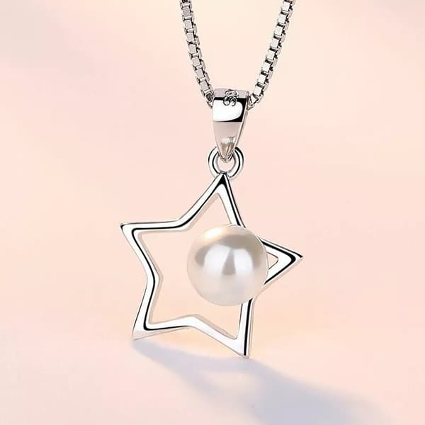 Women Girls Pearl Star Pendant Chain Necklace 925 Sterling Silver Jewellery Gift