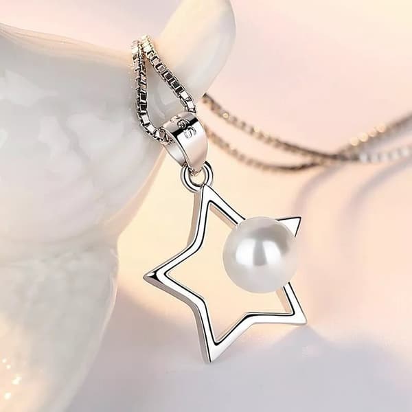 Women Girls Pearl Star Pendant Chain Necklace 925 Sterling Silver Jewellery Gift