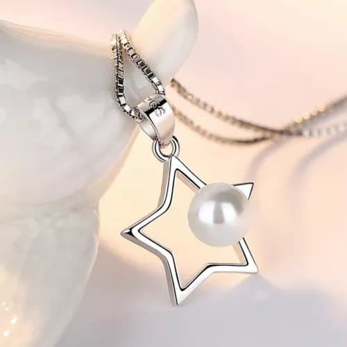 Women Girls Pearl Star Pendant Chain Necklace 925 Sterling Silver Jewellery Gift