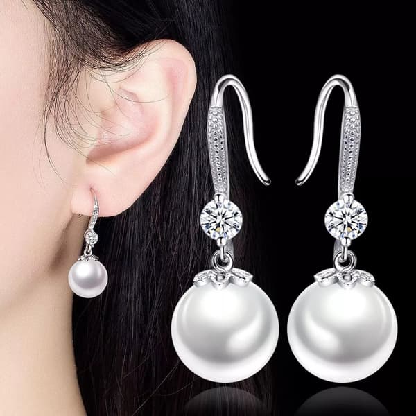 Crystal Stone Pearl Hook Earrings 925 Sterling Silver Women Girls Jewellery Gift