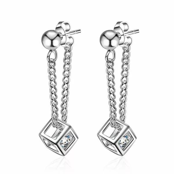 Women 925 Sterling Silver Crystal Cube Dangle Drop Stud Earrings Jewellery Gift