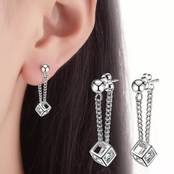 Women 925 Sterling Silver Crystal Cube Dangle Drop Stud Earrings Jewellery Gift