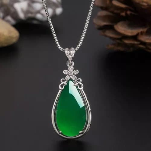 925 Sterling Silver Crystal Flower Jade Pendant Necklace Women Jewellery Gift UK