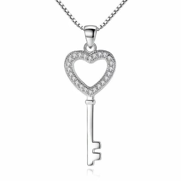 Women Crystal Heart Key Pendant Chain Necklace 925 Sterling Silver Jewellery UK