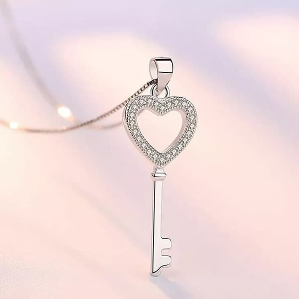 Women Crystal Heart Key Pendant Chain Necklace 925 Sterling Silver Jewellery UK