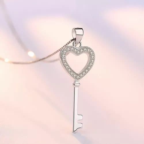 Women Crystal Heart Key Pendant Chain Necklace 925 Sterling Silver Jewellery UK