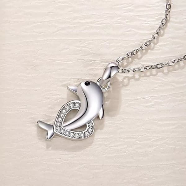 925 Sterling Silver Dolphin Crystal Heart Pendant Necklace Women Jewellery Gift