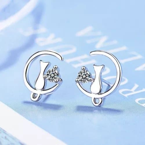 Crystal Moon Cat Stud Earrings 925 Sterling Silver Women Girls Jewellery Gif