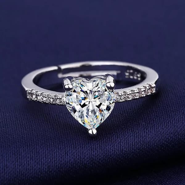 925 Sterling Silver Crystal Heart Adjustable Ring Engagement Women Jewellery Gif