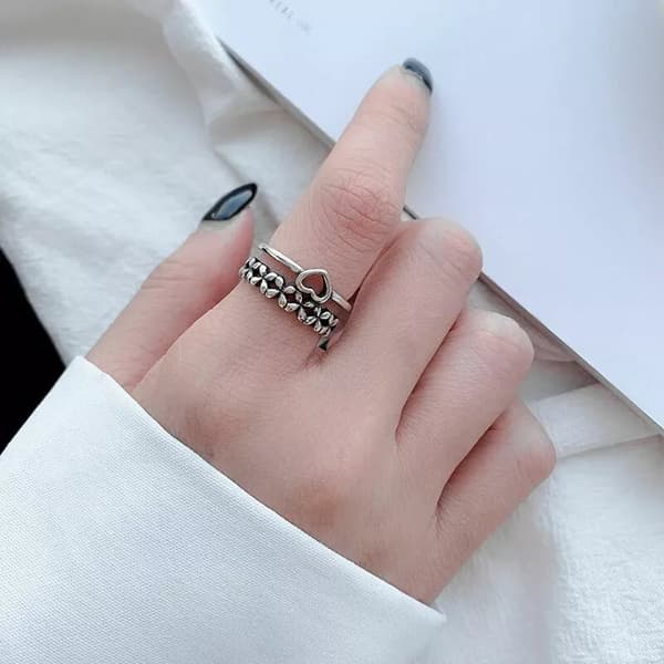 Vintage Heart Double Layer Adjustable Ring 925 Sterling Silver Women Jewellery